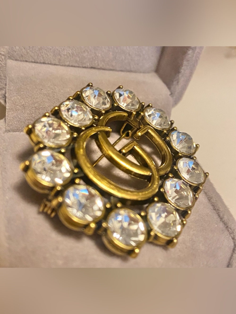 Fashion Jewelry Age Gold-Tone Double G Crystal Brooch - Gold and Clear - Picture 2 of 3